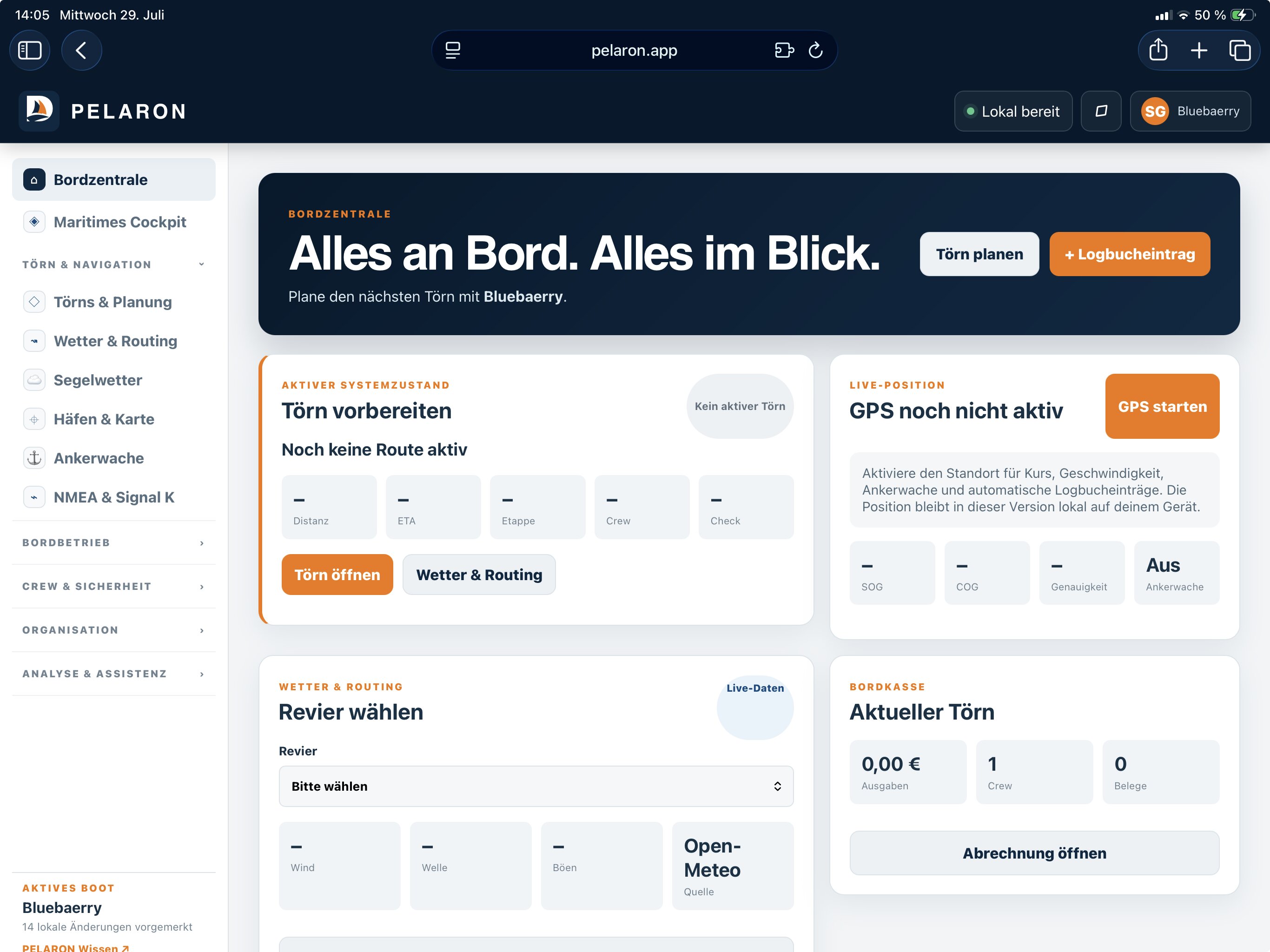Die Bordzentrale der PELARON App mit Kennzahlen, offenen Aufgaben und dem aktiven Törn