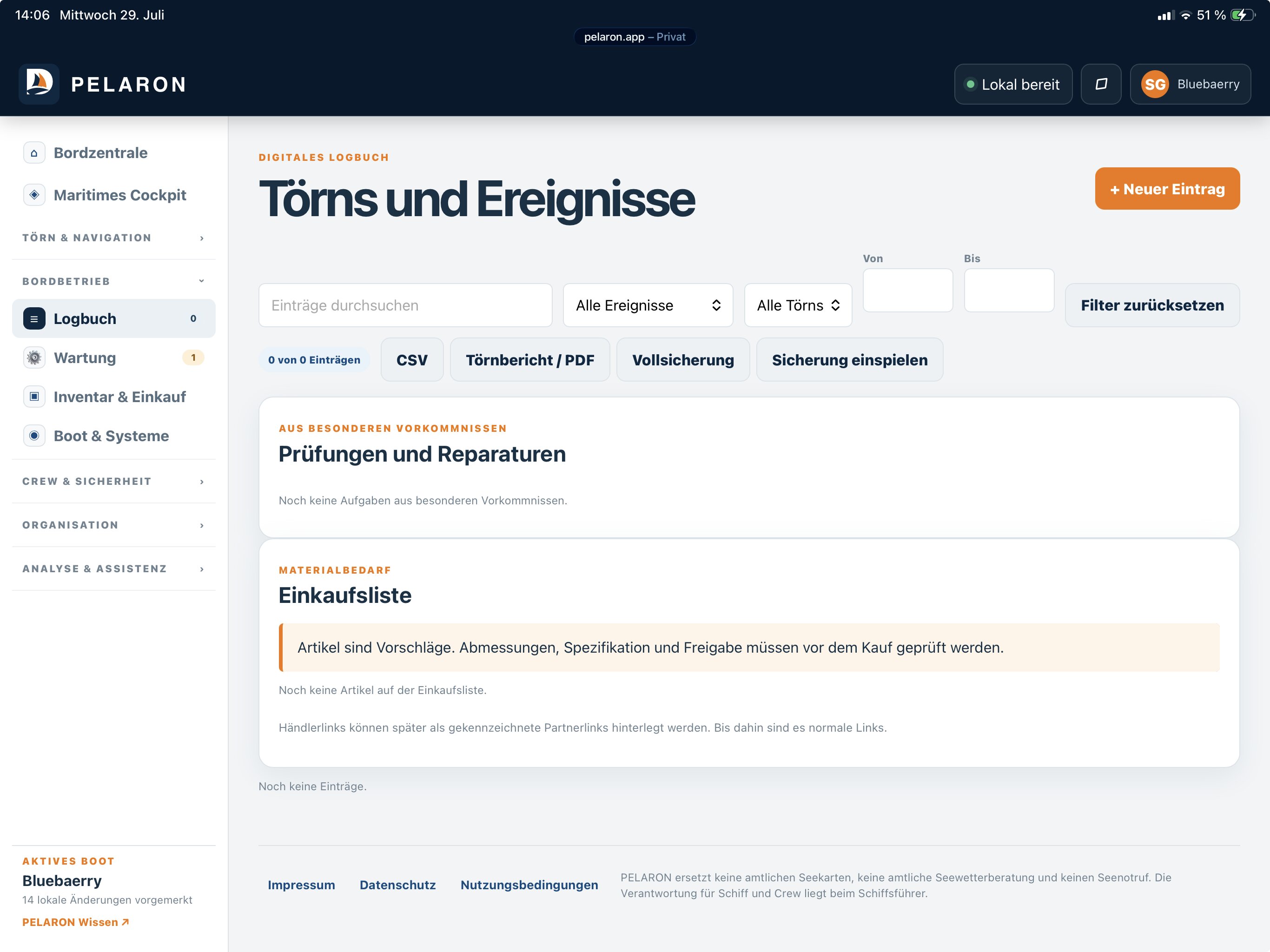 Das digitale Logbuch der PELARON App mit Törns und Einträgen