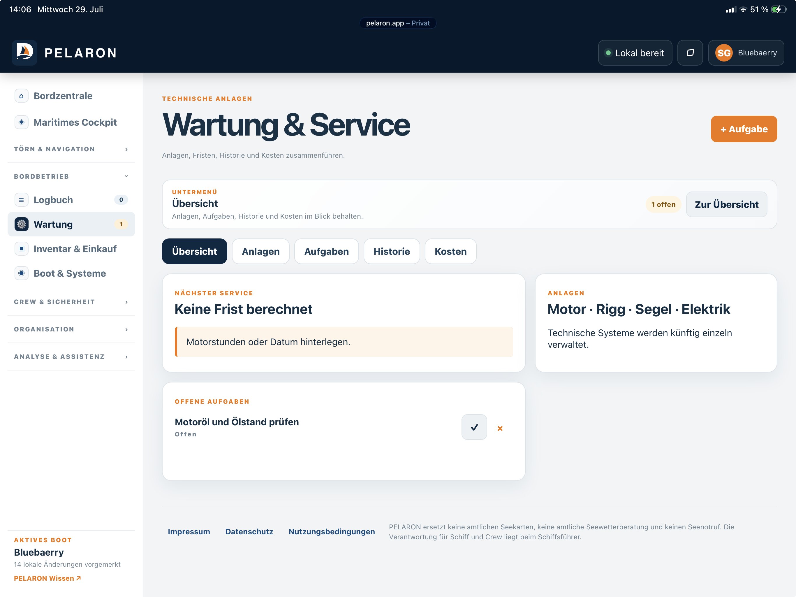 Die Wartungsübersicht der PELARON App mit Anlagen, Fristen und offenen Aufgaben