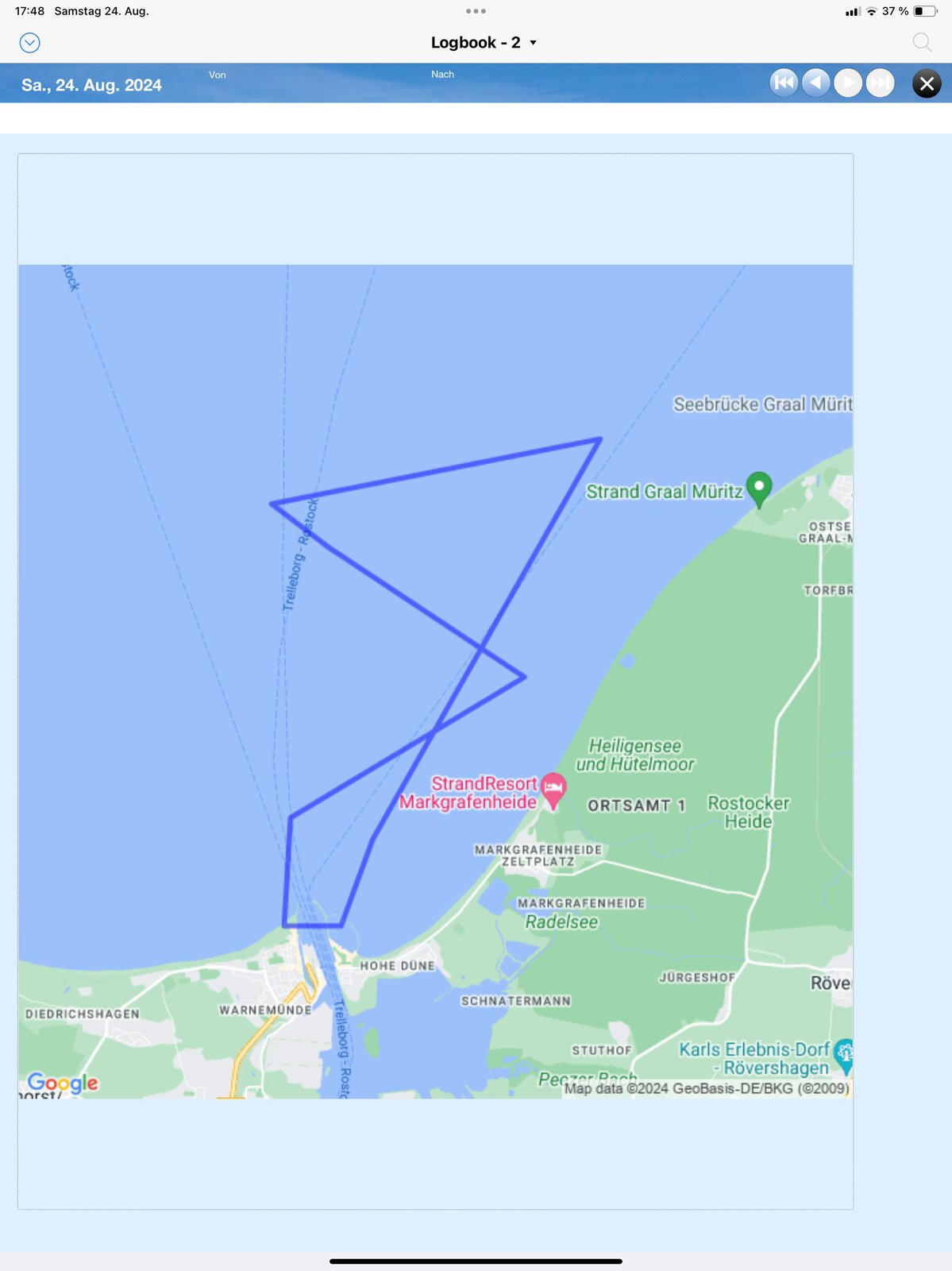 Kartenausschnitt mit aufgezeichnetem Törn-Track auf der Ostsee