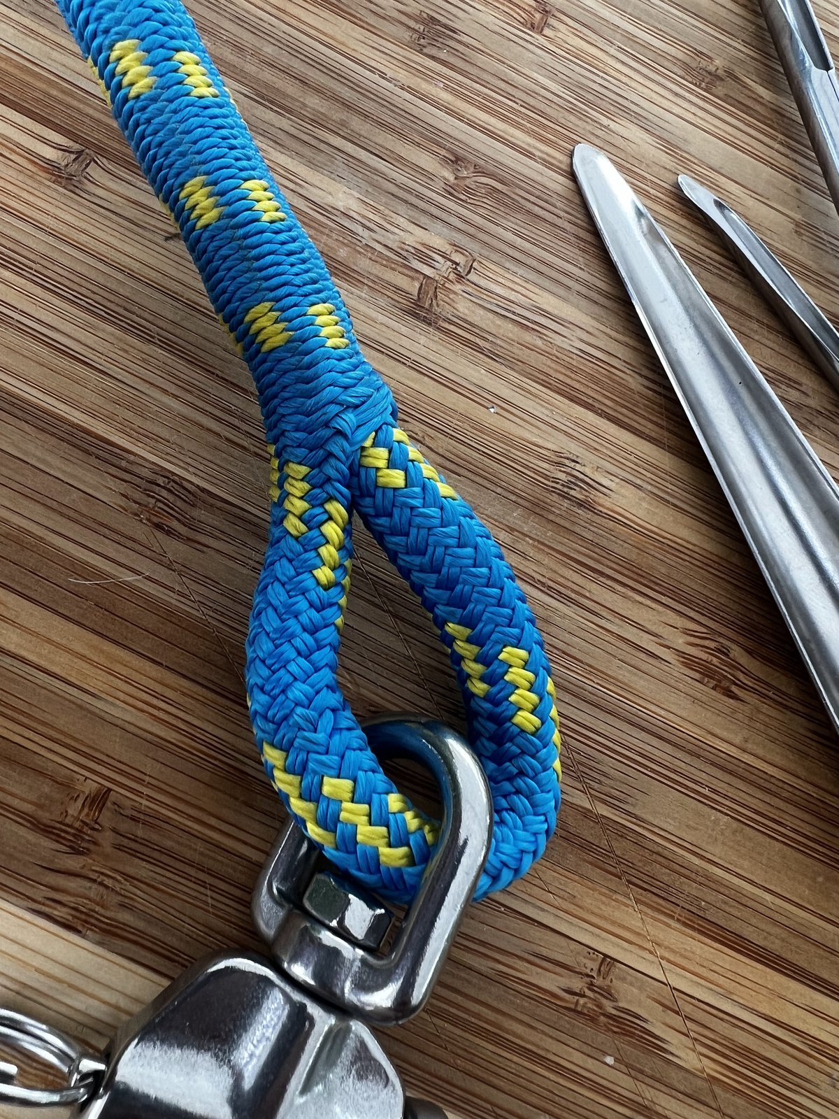 Neues blaues Fall mit Schnappschäkel auf Holzdeck
