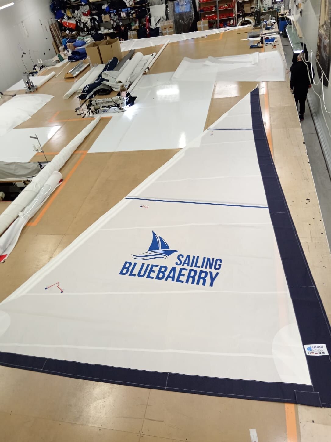 Neues Großsegel mit Sailing-Bluebaerry-Schriftzug beim Segelmacher