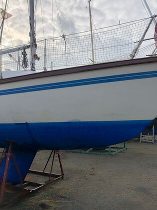 Bluebaerry aufgebockt im Winterlager unter Plane, weißer Rumpf mit blauem Unterwasserschiff